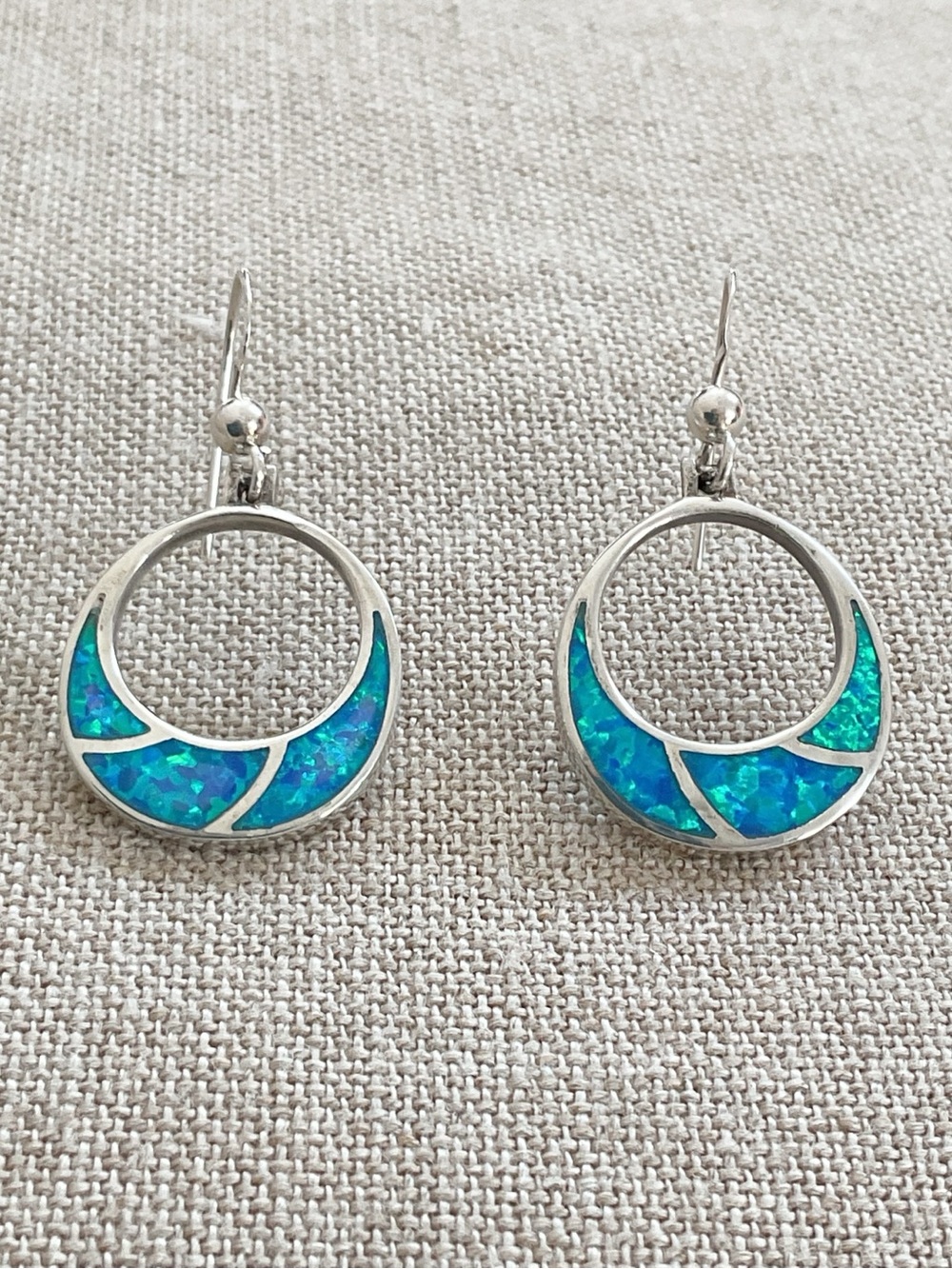 925 Sterling Silver Blue Opal Inlay Open Circle Dangle Earrings 1.125” Drop
